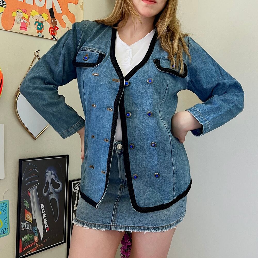 Vintage 1980s Neutral Zone Double Breasted Denim Blazer Jacket Size Small